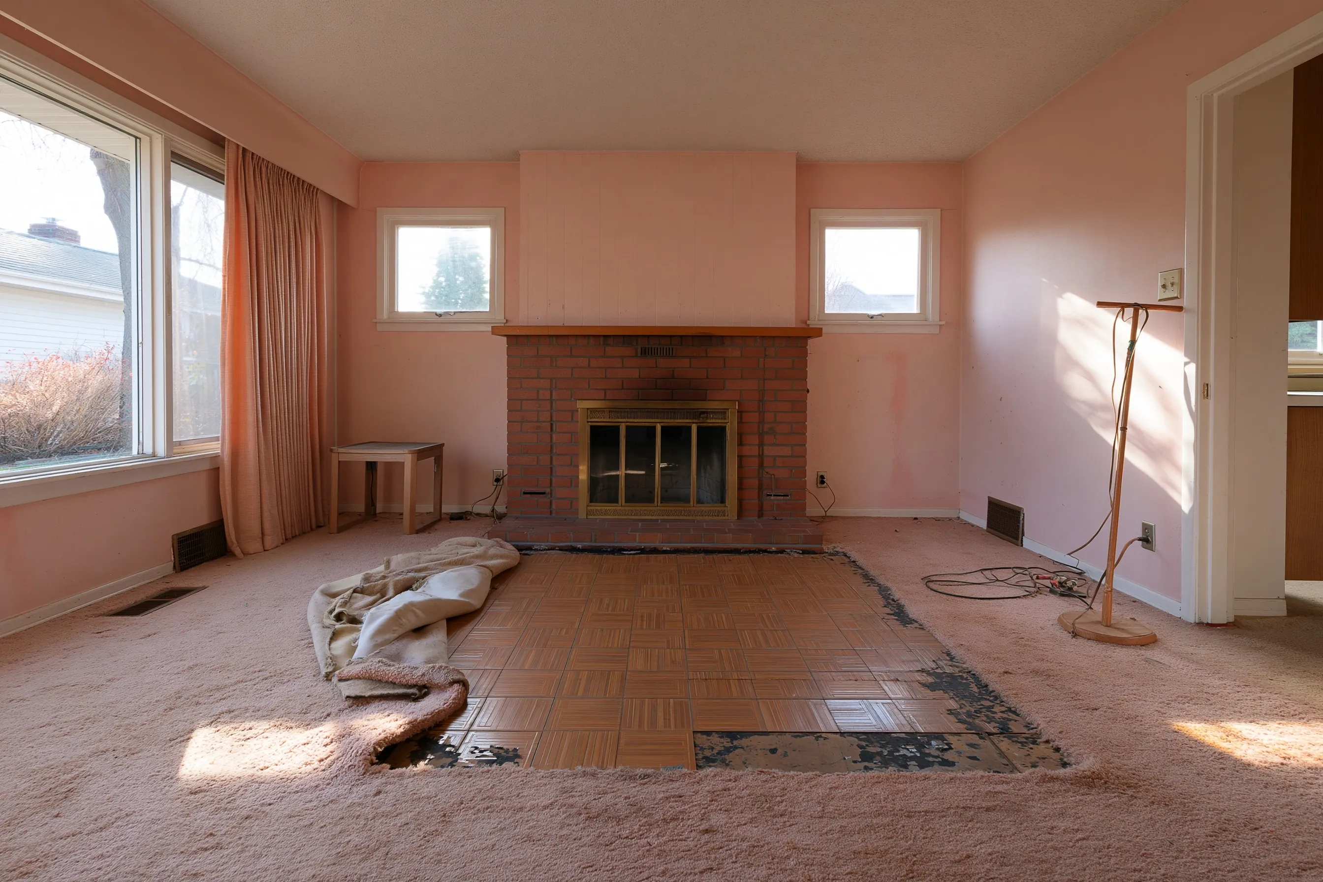 Living room with a brick fireplace and pink walls, the carpet cut back in front of the hearth to show old tiles and black adhesive