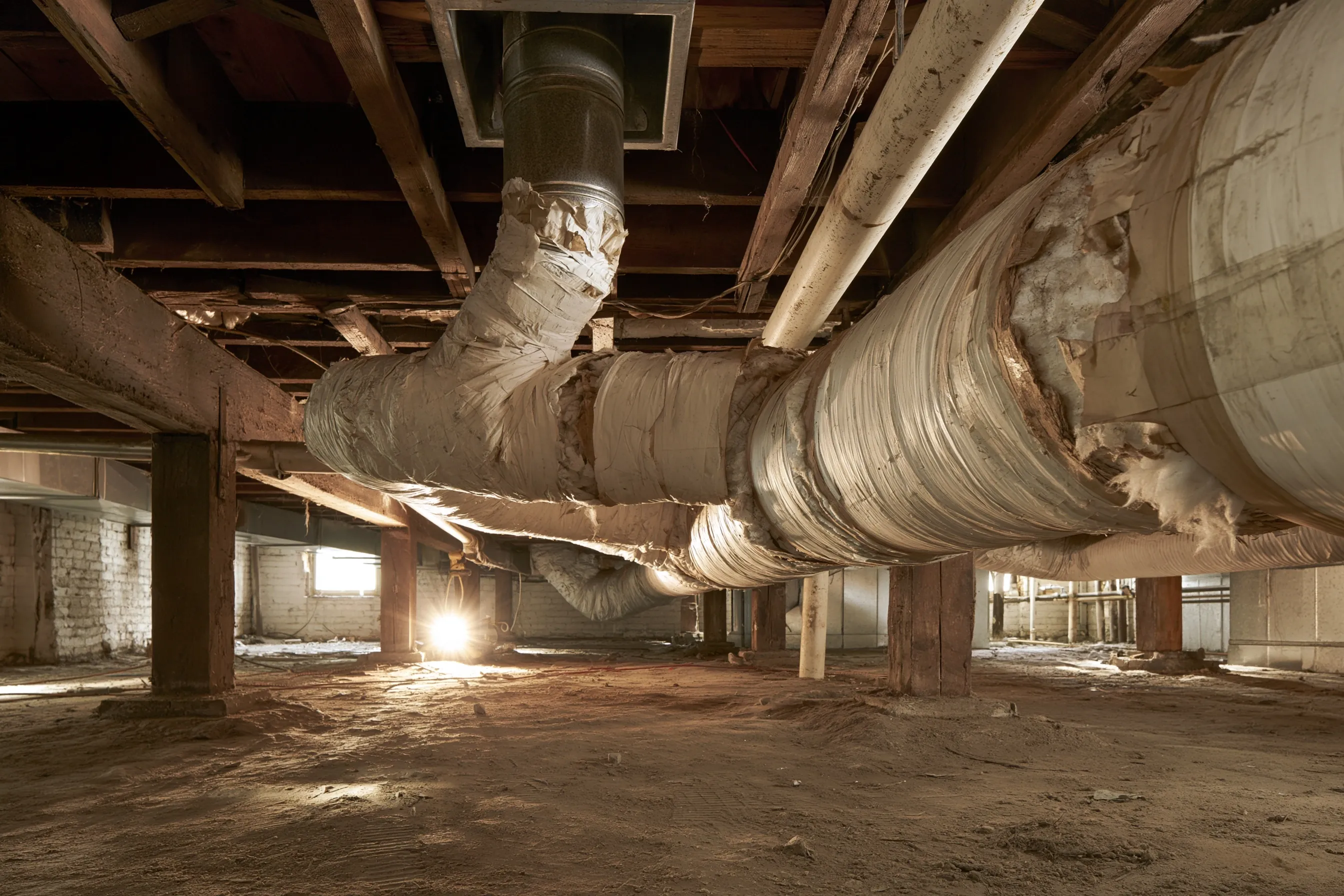 Old white wrapped HVAC duct and heat register boot in a crawlspace