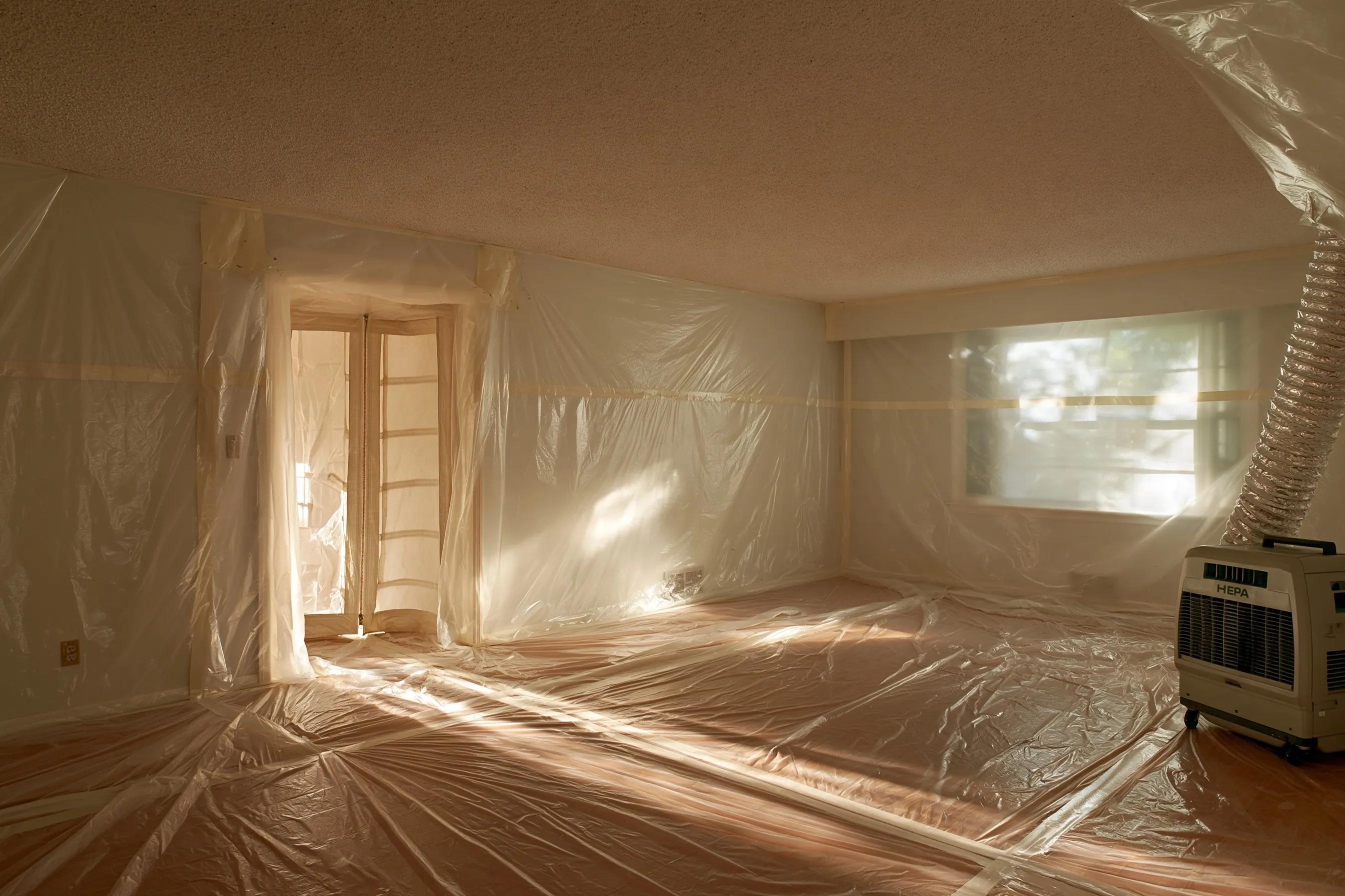 Textured popcorn ceiling in a 1970s living room sealed off with plastic sheeting for abatement
